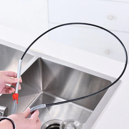 Wukusy flexible spring drain cleaning tool with hand grip, 298 cm long, used for clearing clogged drains.