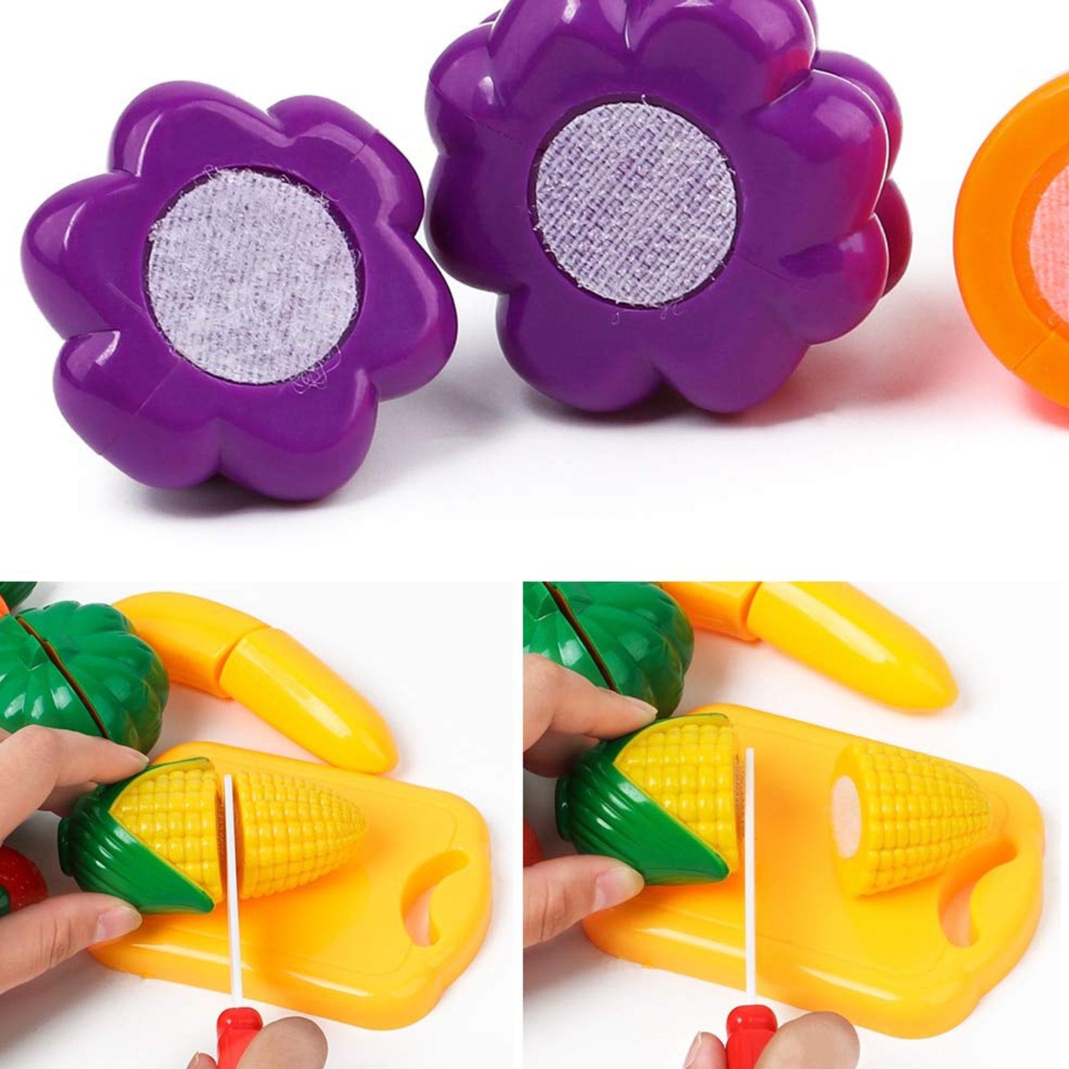 Wukusy plastic toy fruits and vegetables set featuring realistic sliceable fruits and veggies for kids' play and learning.