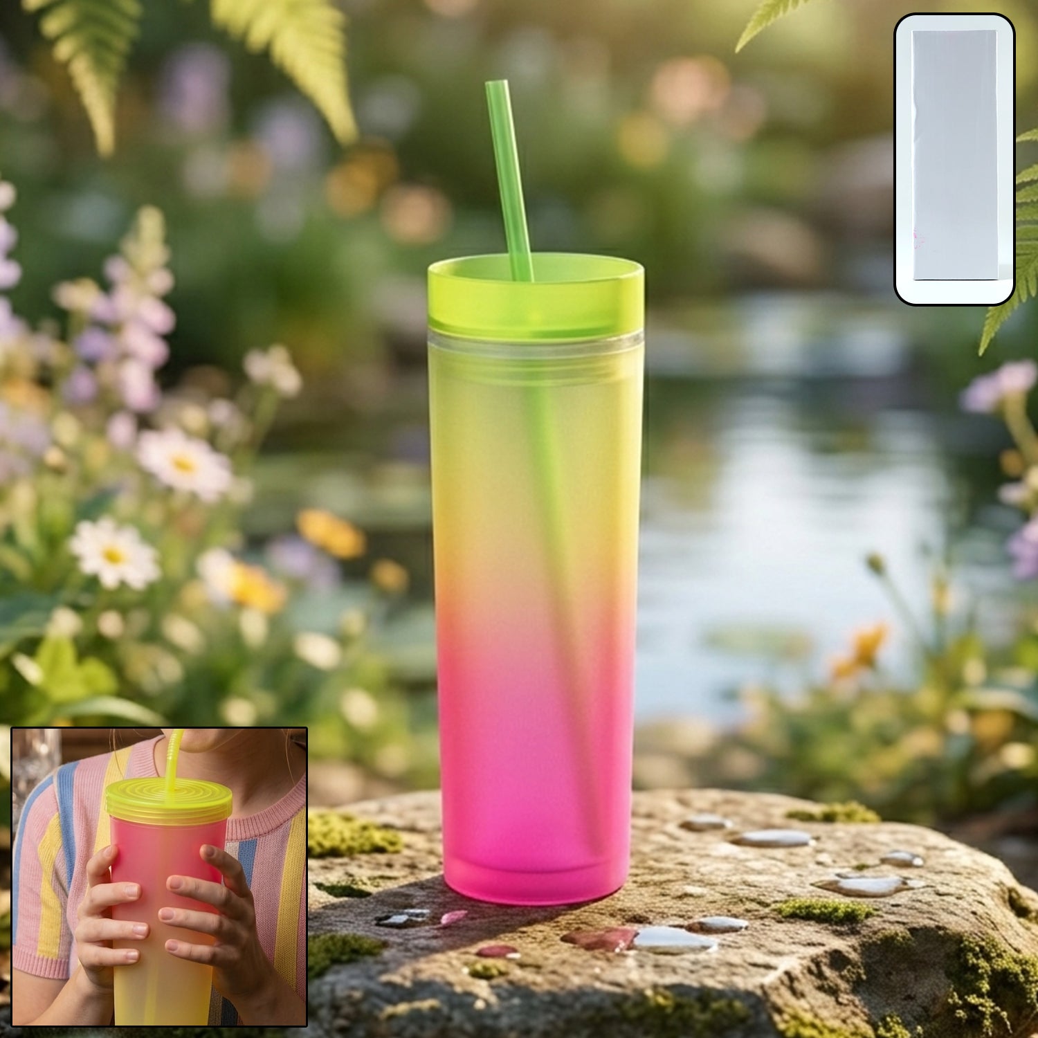 Gradient plastic drinking tumbler cup with lid and straw, 400ml, by Wukusy, showing colorful design and reusable construction.
