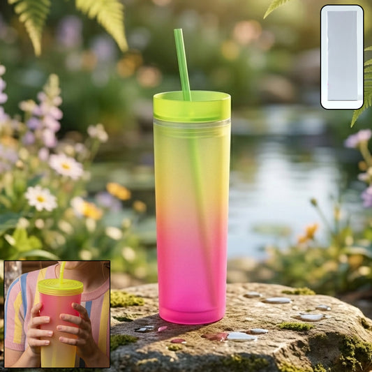 Gradient plastic drinking tumbler cup with lid and straw, 400ml, by Wukusy, showing colorful design and reusable construction.