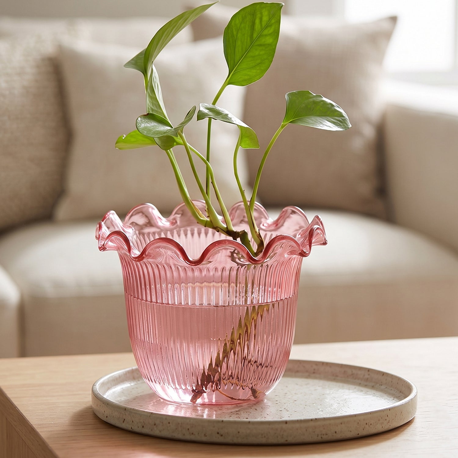 Decorative Wukusy ruffled flower pot planter with floral design, ideal for home table and plant decor.