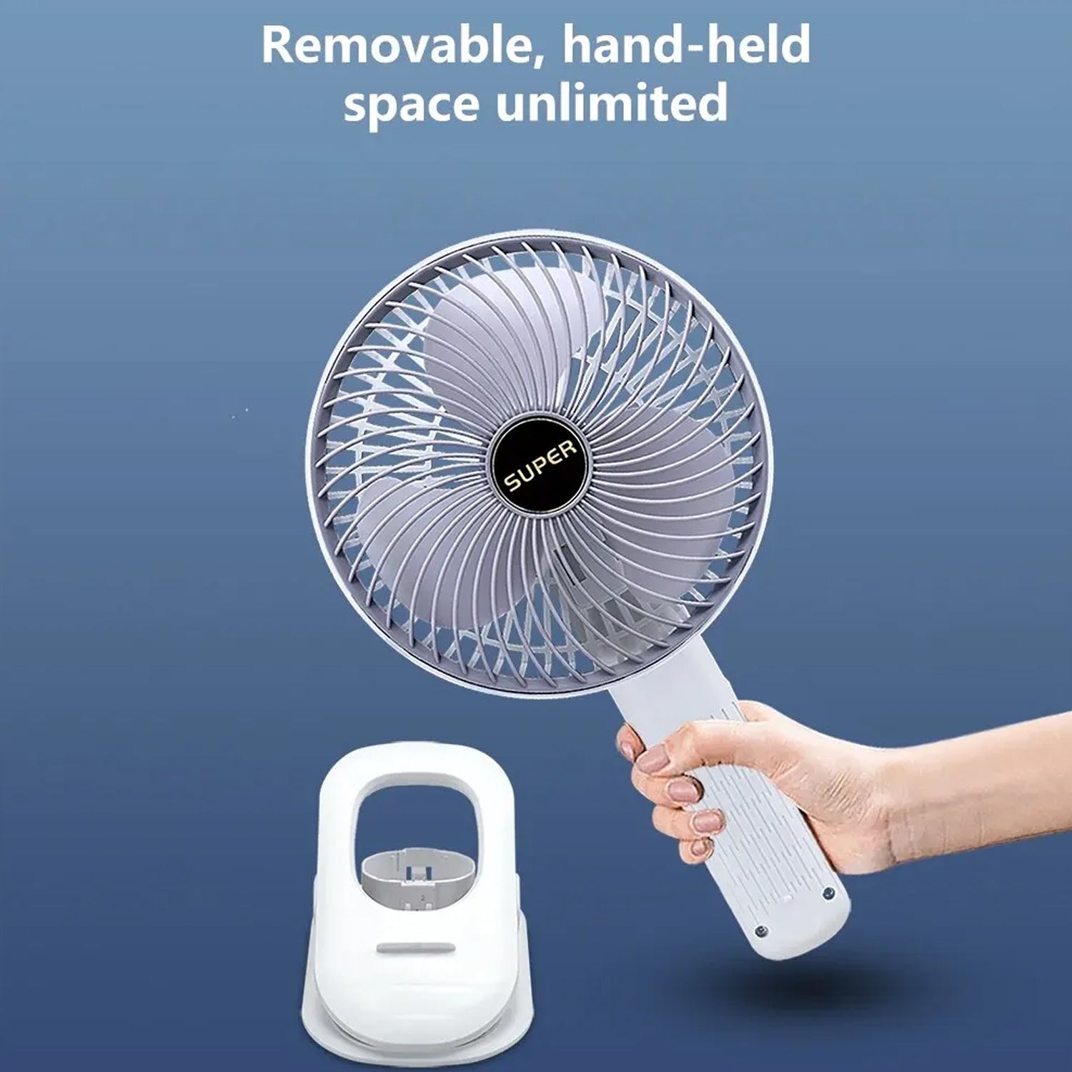 Wukusy multifunctional USB desk fan clipped to a surface, compact home improvement fan with brown box packaging.