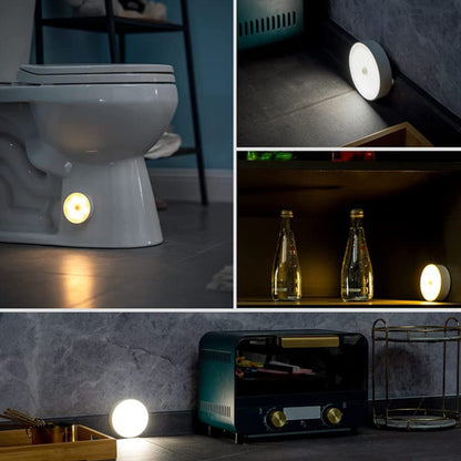 Wukusy round LED motion sensor light, 8-LED induction home decor fixture mounted on wall, designed for energy-efficient lighting.