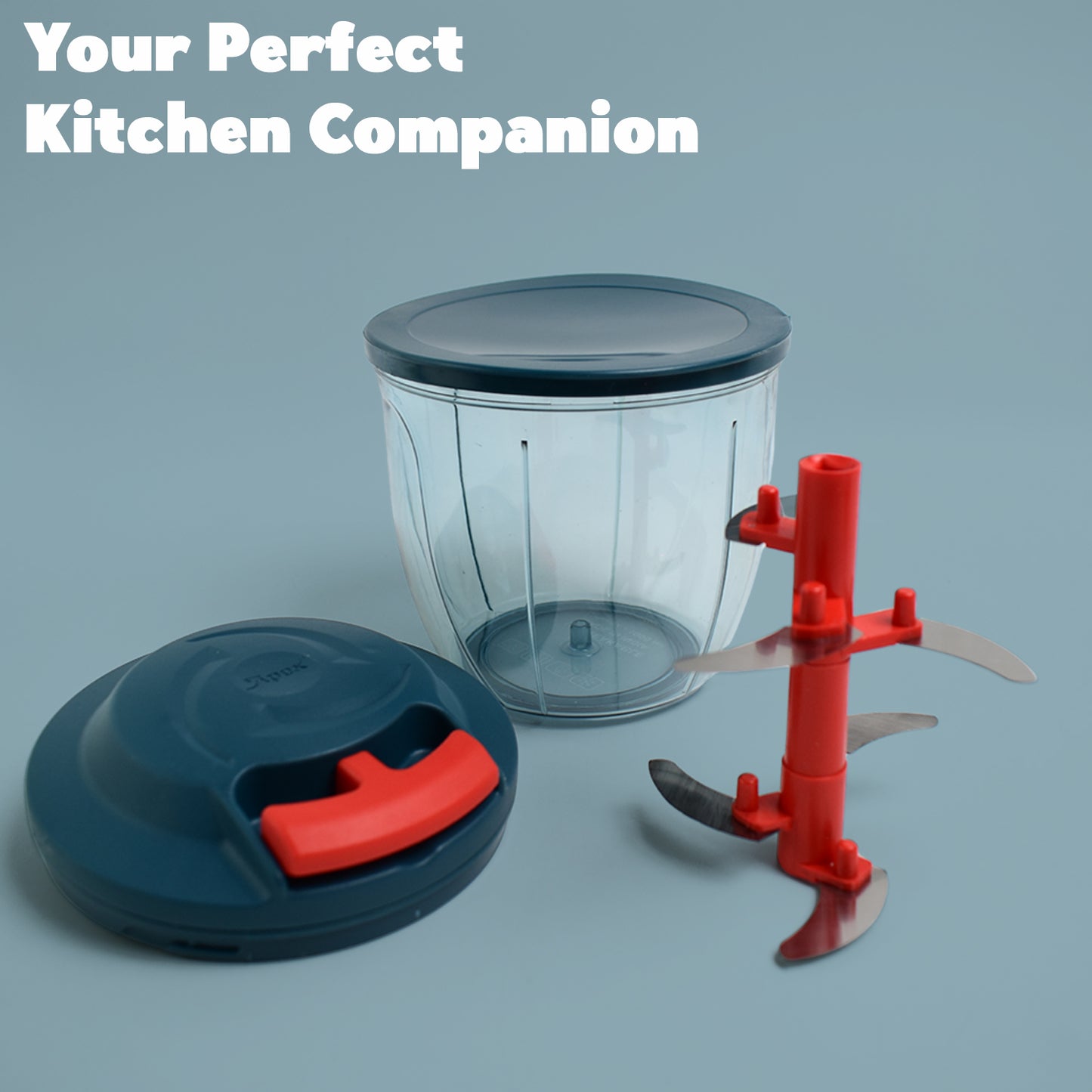 Wukusy Apex Speed-x hand-powered vegetable chopper with 1000ml capacity, showing the device with chopped vegetables inside.