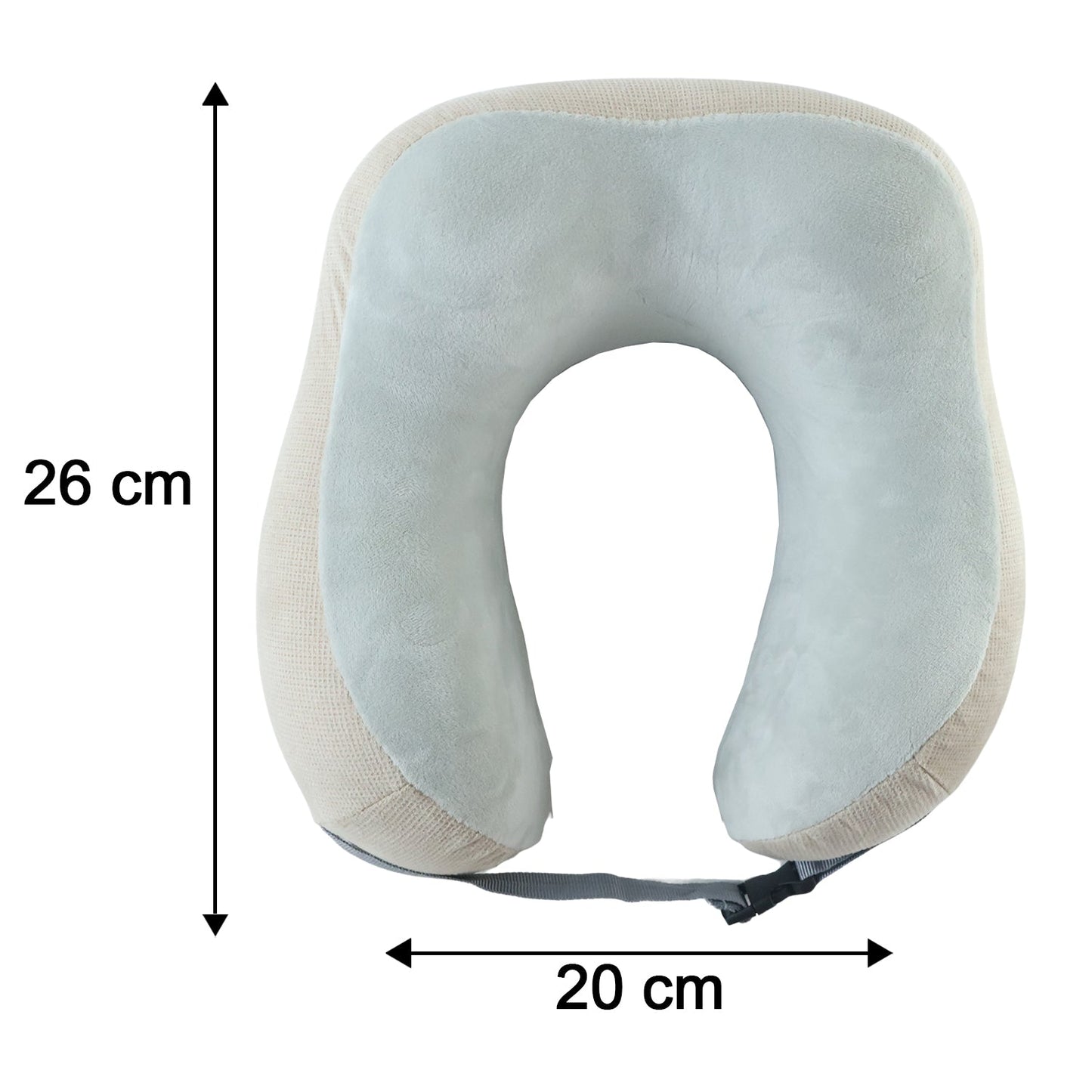 Beige U-shaped memory foam travel neck pillow with buckle strap for neck support and comfort during trips.