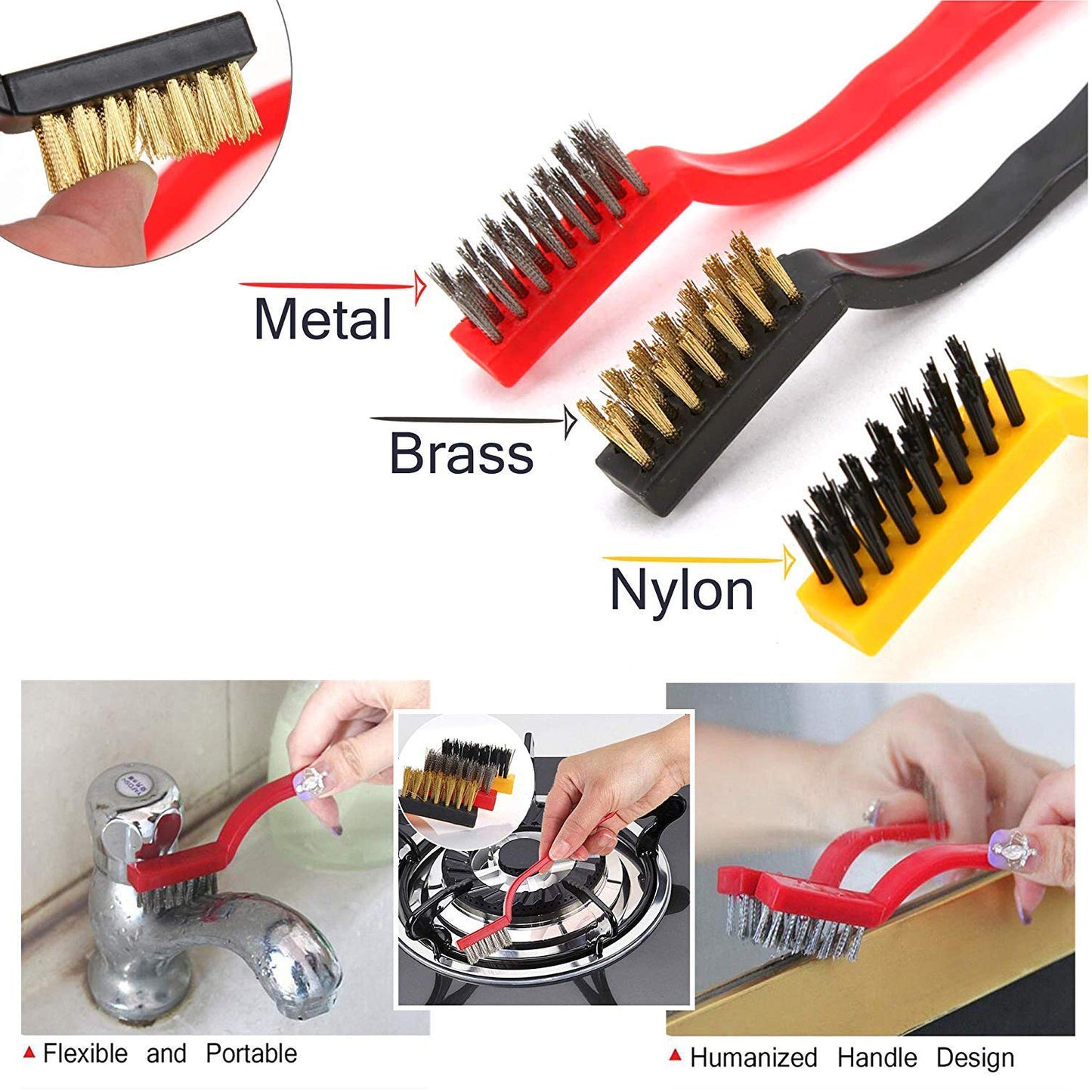Wukusy 3-piece mini wire brush set with brass, nylon, and stainless steel bristles for cleaning gas stoves, tiles, and rust removal.
