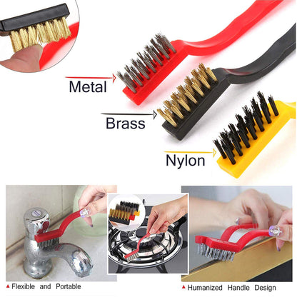 Wukusy 3-piece mini wire brush set with brass, nylon, and stainless steel bristles for cleaning gas stoves, tiles, and rust removal.
