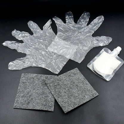 Wukusy Nano Magic Car Scratch Remover Cloth kit with repair solution, gloves, and polishing cloth for car paint scratch repair.