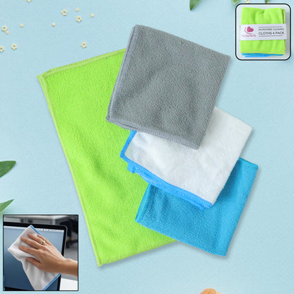 Set of four Wukusy microfiber cleaning cloths, 28x29 cm each, shown folded with soft, absorbent fabric for cleaning and dusting.
