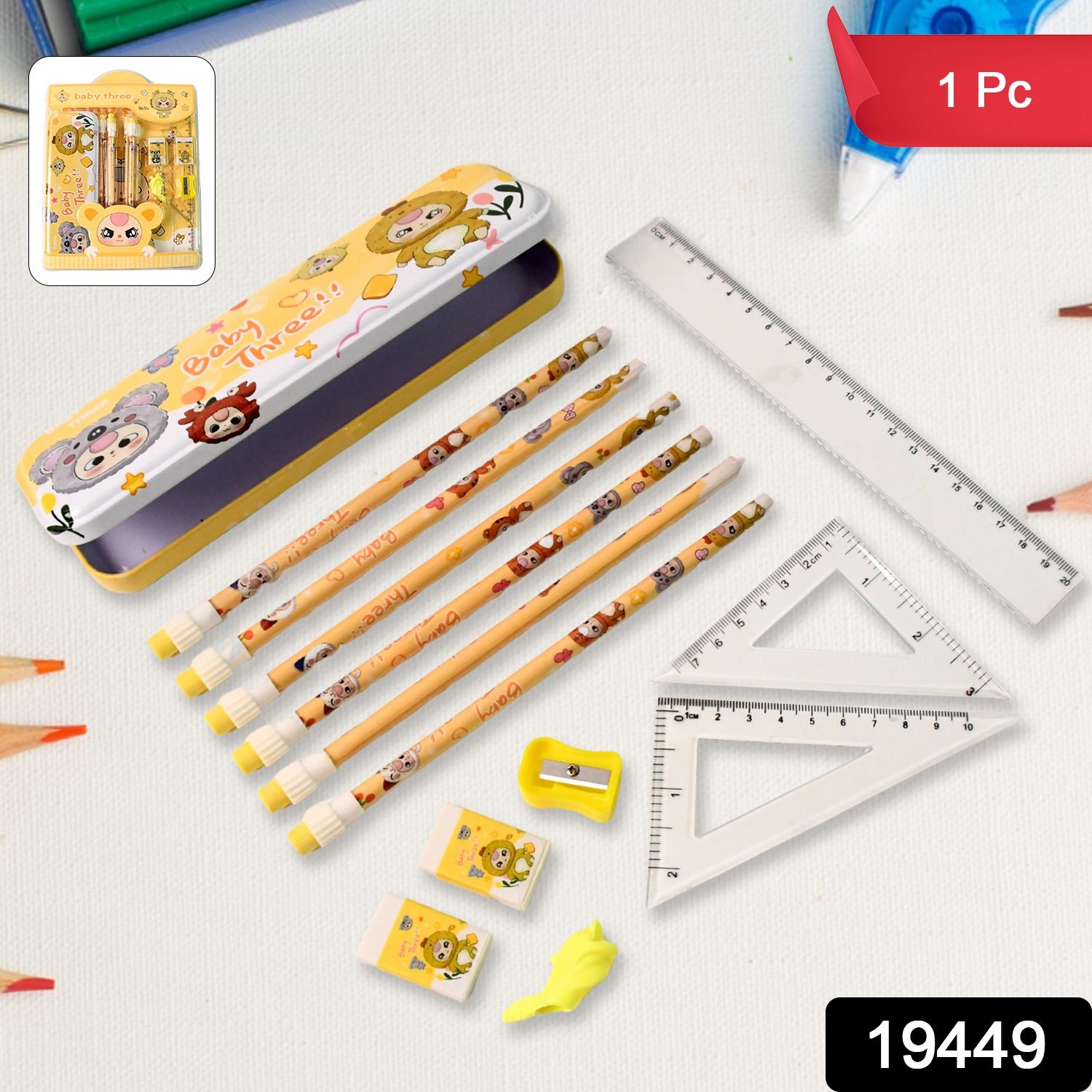 Colorful 14-in-1 Wukusy stationery kit for kids with pencils, markers, erasers, and scissors arranged neatly in a case.