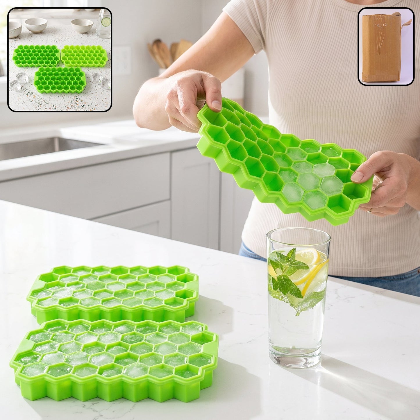 Wukusy silicone honeycomb ice cube tray with 37 cavities, flexible mold for freezing ice cubes or small snacks.