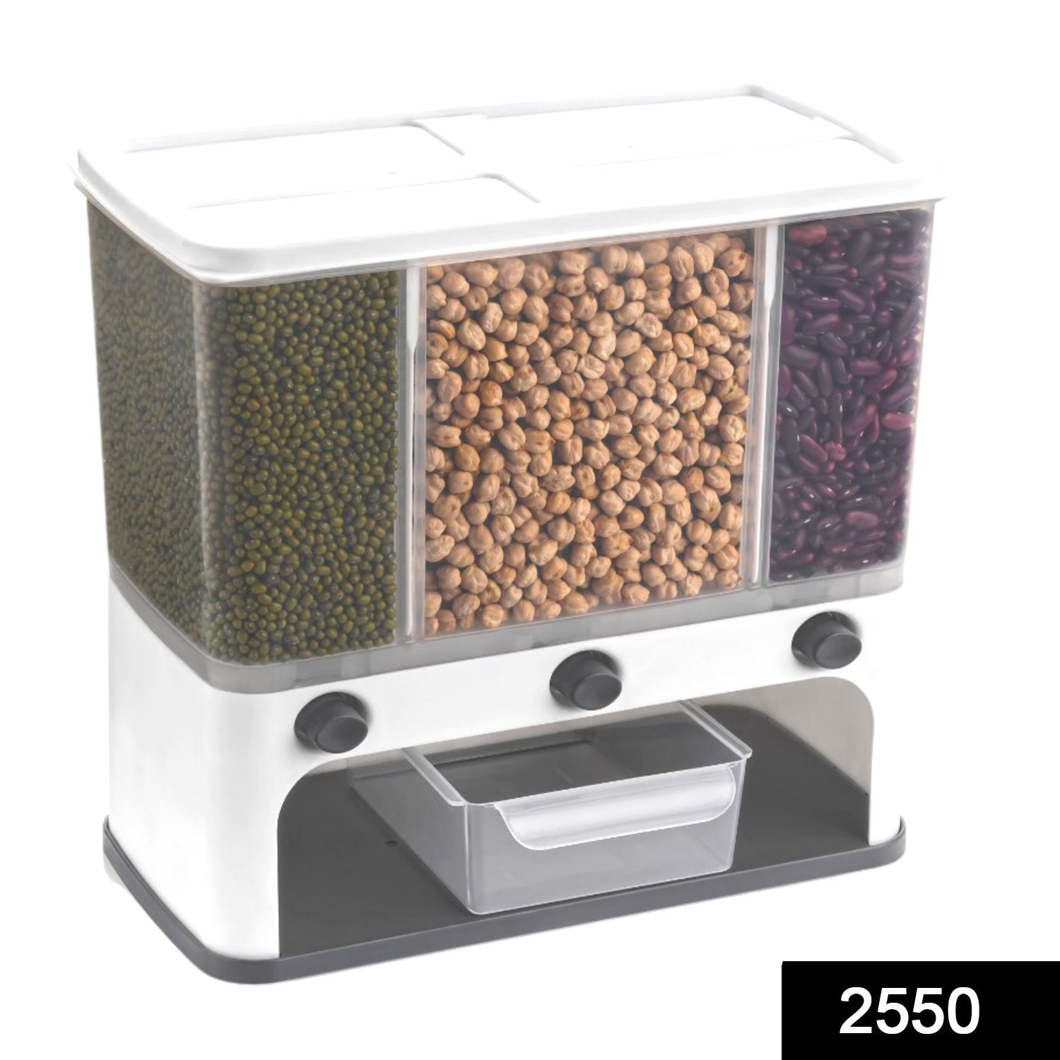 Wukusy 2550 Easy Flow cereal dispenser, wall-mounted kitchen tool with 3-in-1 push button container for cereal storage.