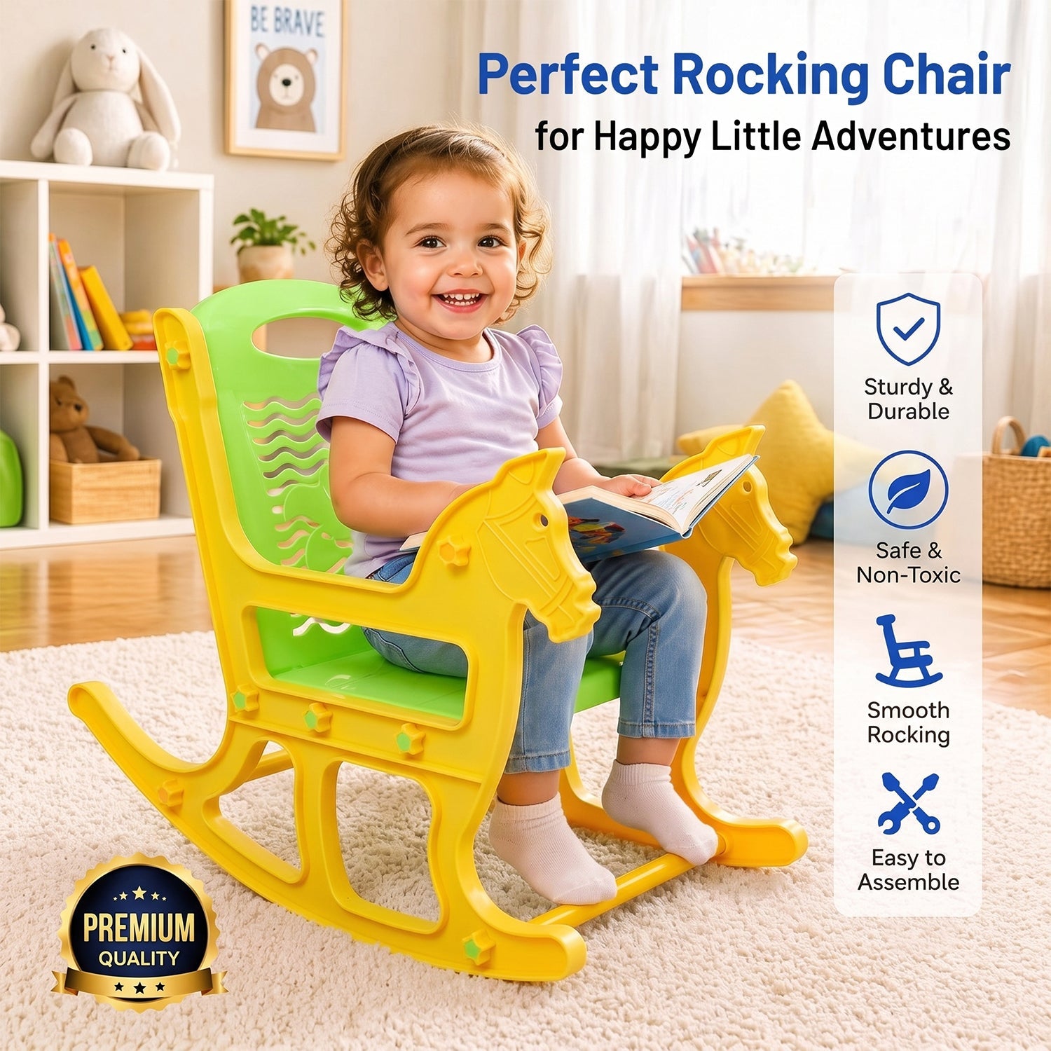 Wukusy kids plastic horse rocking chair with backrest, colorful baby rocker seat for children, sturdy and safe for playtime.