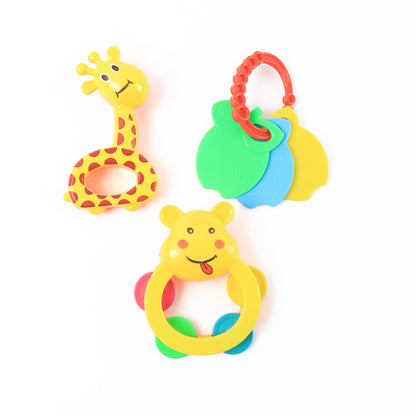 Colorful animal-shaped baby rattles from Wukusy 3-piece set, soft plastic toys for infants, featuring bright, engaging designs.