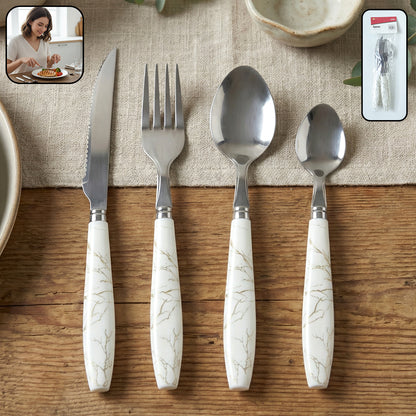 Wukusy stainless steel cutlery set with four pieces featuring elegant marble design handles on forks, knives, and spoons.