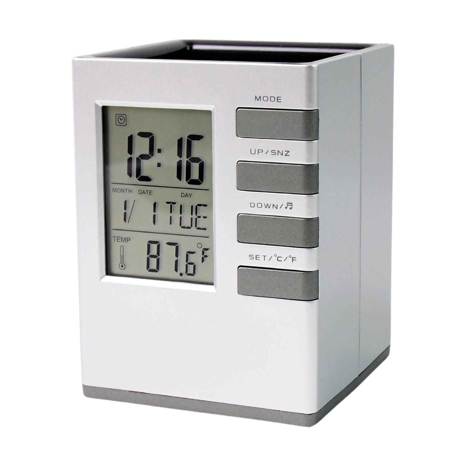 Wukusy multifunction digital desk clock with pen holder, compact office accessory featuring a digital display and organized storage space.