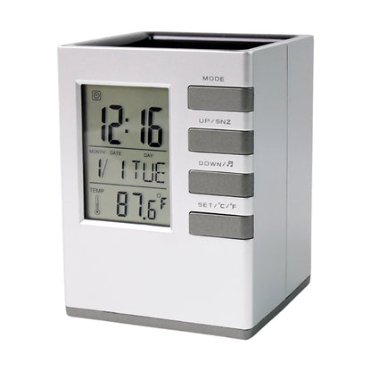 Wukusy multifunction digital desk clock with pen holder, compact office accessory featuring a digital display and organized storage space.