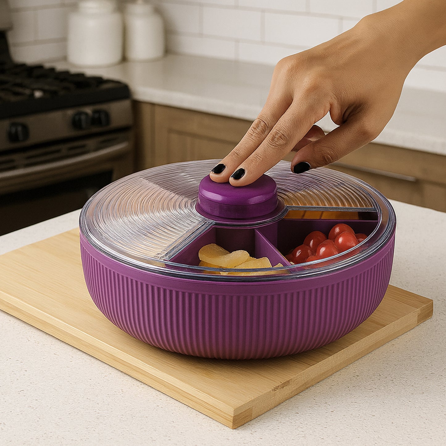 Wukusy Supermom multipurpose round rotating dry fruit and snack storage container in a kitchen setting, with lid and multiple compartments.
