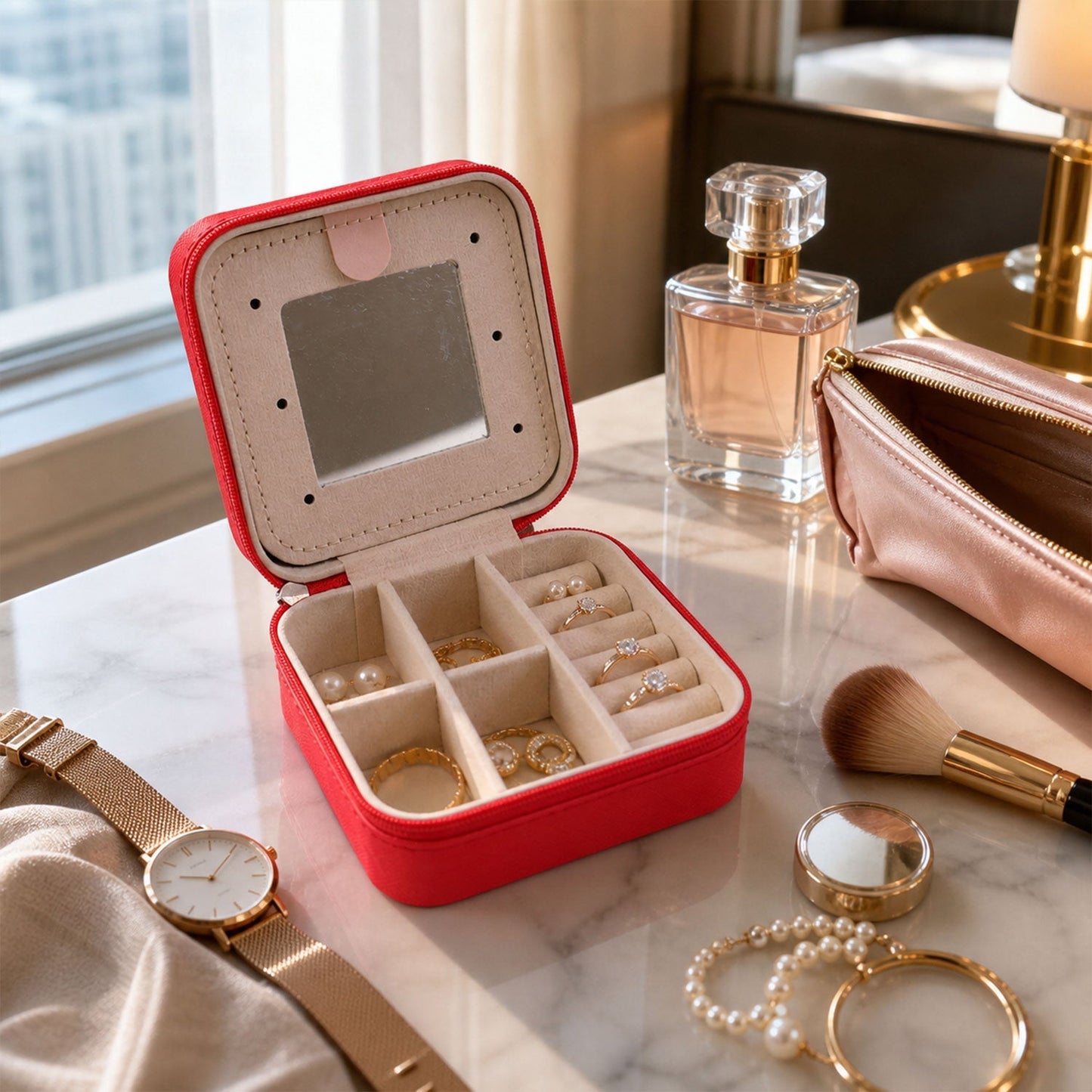 Wukusy mini jewelry organizer box with mirror, displaying compartments for rings and earrings, in a compact design.