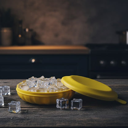 Wukusy premium round ice cube tray with lid showing 12 round ice cubes in a clear tray on a kitchen countertop