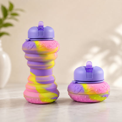 Wukusy silicone foldable sports water bottle, 600ml capacity, collapsible design, shown in a compact, flexible state for travel and hydration.
