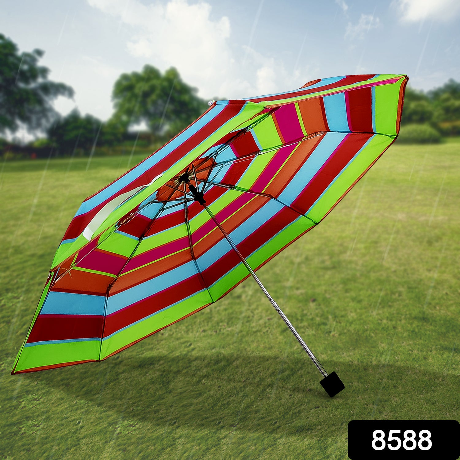 Wukusy 3-fold sun and rain protective solid foldable umbrella open, showing its compact design and sturdy handle in a home improvement setting.