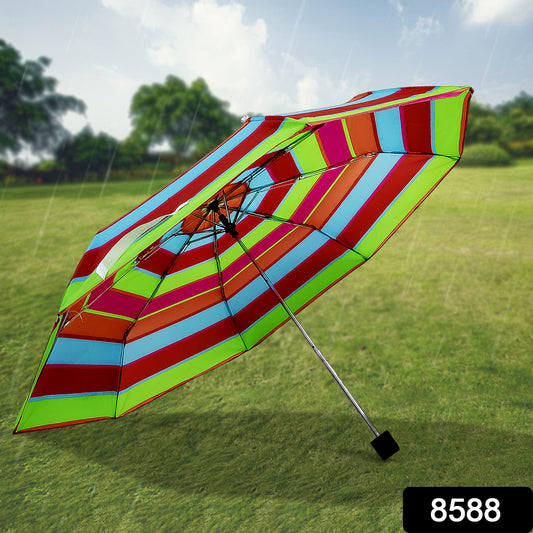 Wukusy 3-fold sun and rain protective solid foldable umbrella open, showing its compact design and sturdy handle in a home improvement setting.
