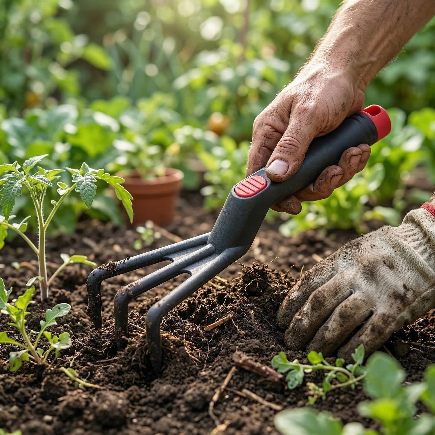 Wukusy 4-piece garden hand tool set including trowel, transplanter, weeder, and hand rake for gardening tasks.