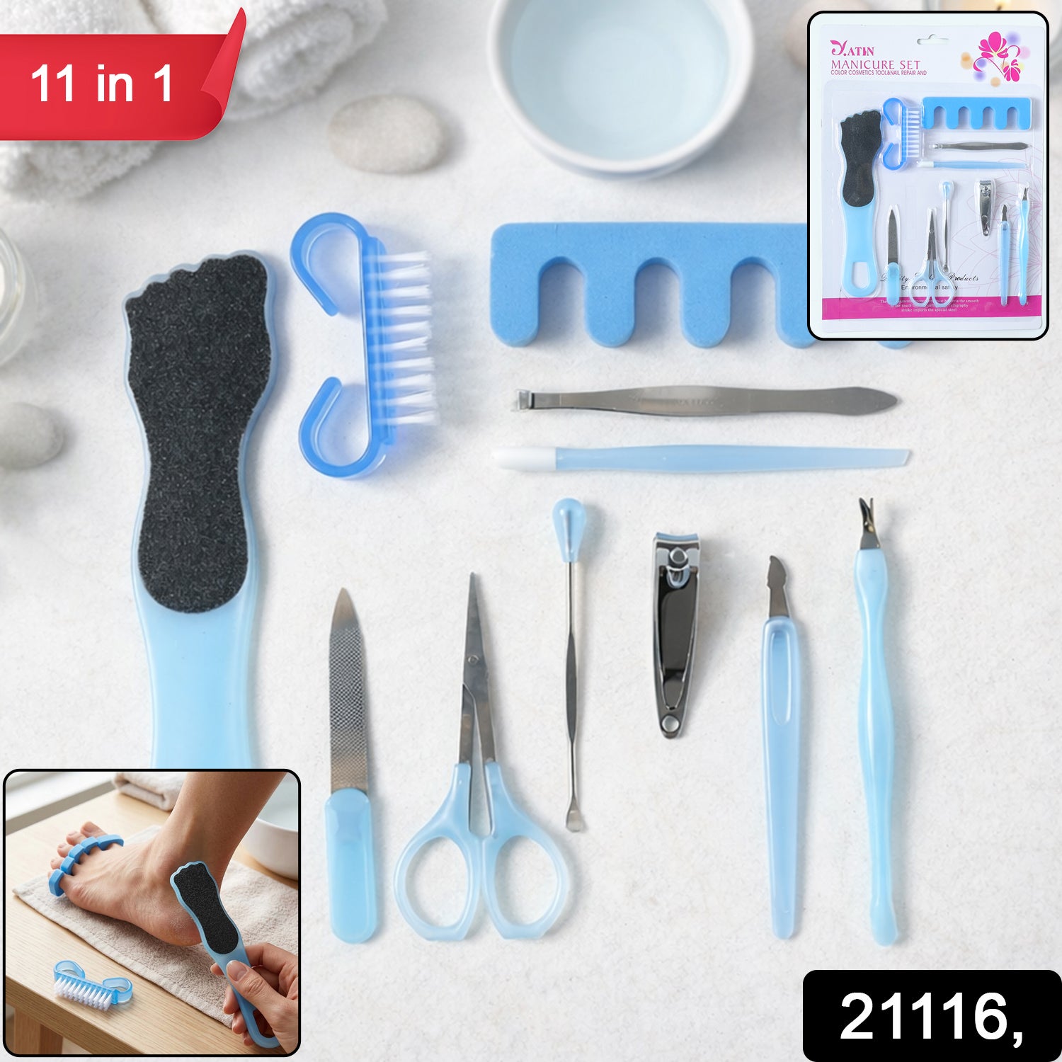 Wukusy 11-in-1 manicure and pedicure grooming kit featuring nail clippers, files, scissors, and tools for comprehensive nail care.