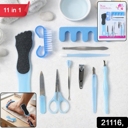 Wukusy 11-in-1 manicure and pedicure grooming kit featuring nail clippers, files, scissors, and tools for comprehensive nail care.