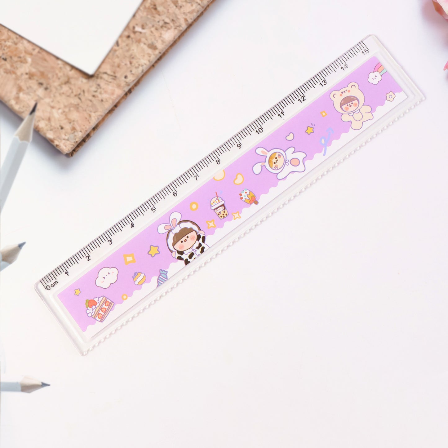 Cute cartoon plastic ruler for kids by Wukusy, featuring colorful designs, perfect for school and craft projects.
