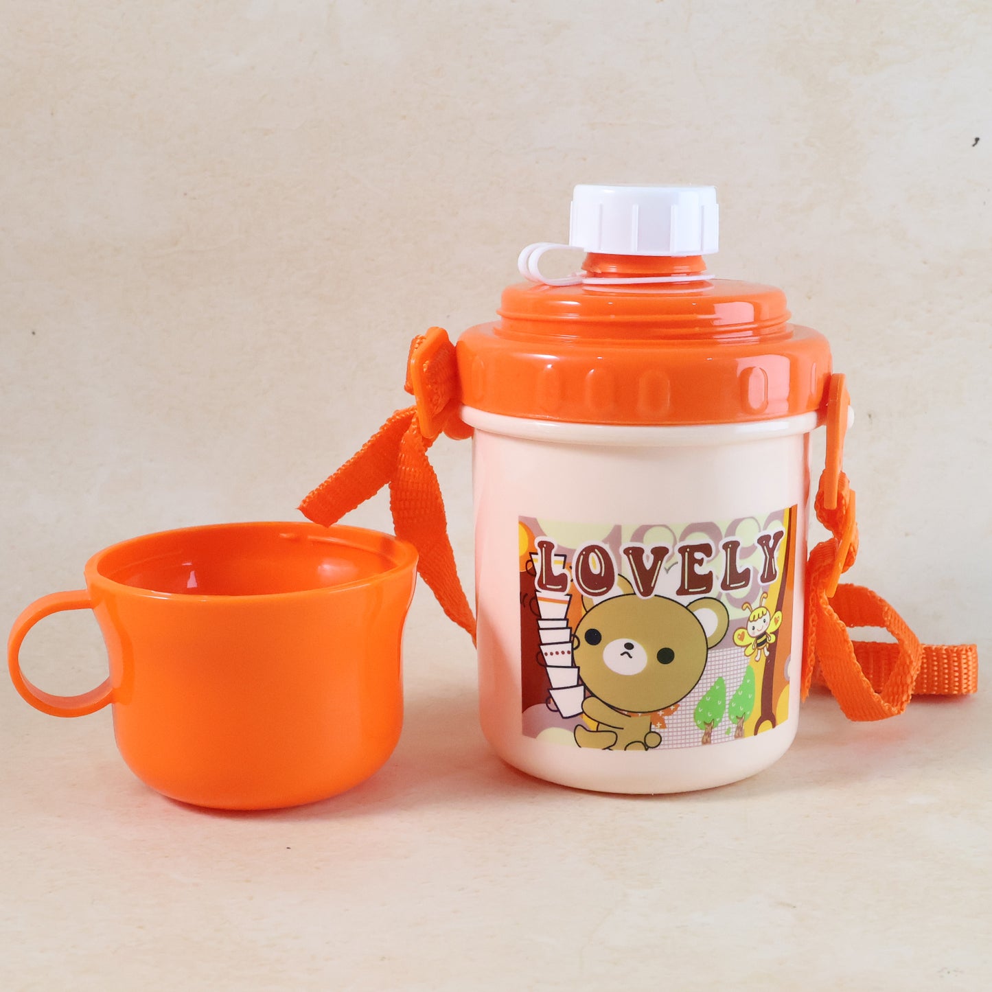 Wukusy cartoon printed plastic cup with lid, 350ml capacity, colorful design, suitable for beverages, with a secure lid for portability.