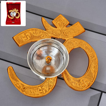 Brass Om Symbol oil diya for home decor, featuring intricate design and traditional Indian craftsmanship.