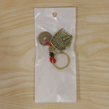 Copper plated dustpan pendant keychain with lucky coin bag charm, Feng Shui lucky charm by Wukusy, decorative accessory.