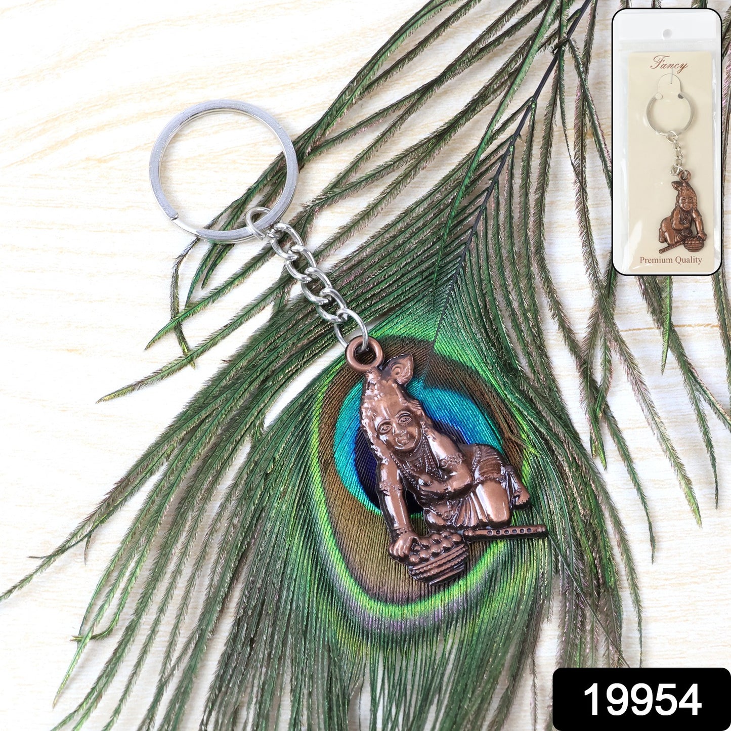 Wukusy Bal Krishna crawling design keychain with detailed miniature figure on a metal ring, ideal for keys or accessories.