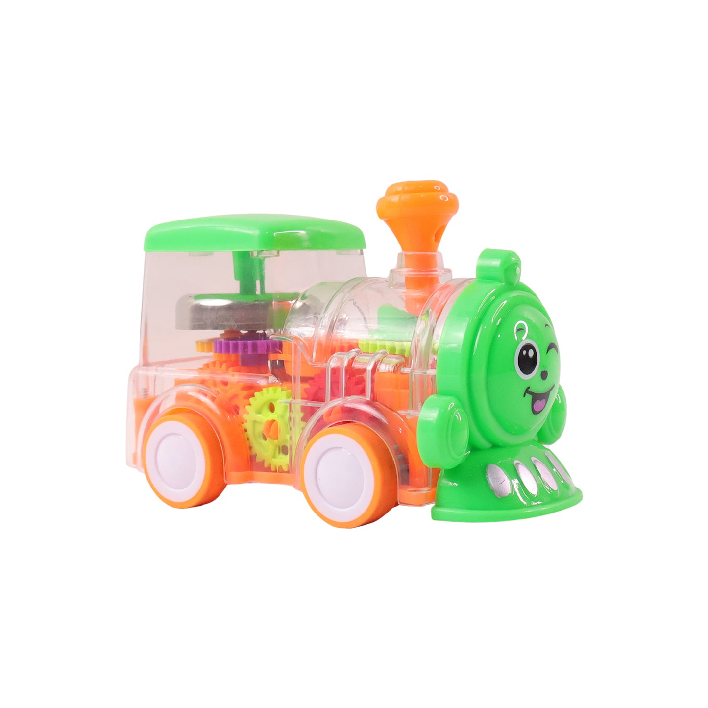 Kids musical light-up transparent train toy by Wukusy featuring colorful lights and a clear plastic design for imaginative play.