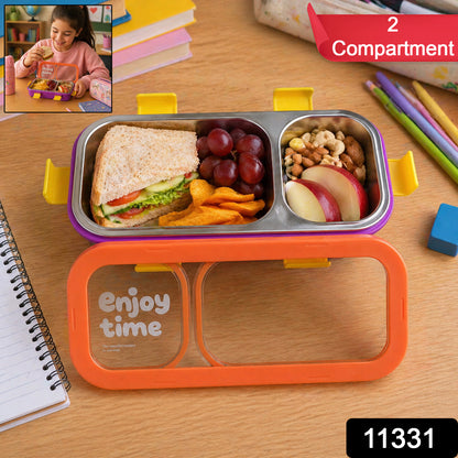 Stainless steel leak-proof lunch box by Wukusy with two compartments, spoon, and fork for convenient meal packing.