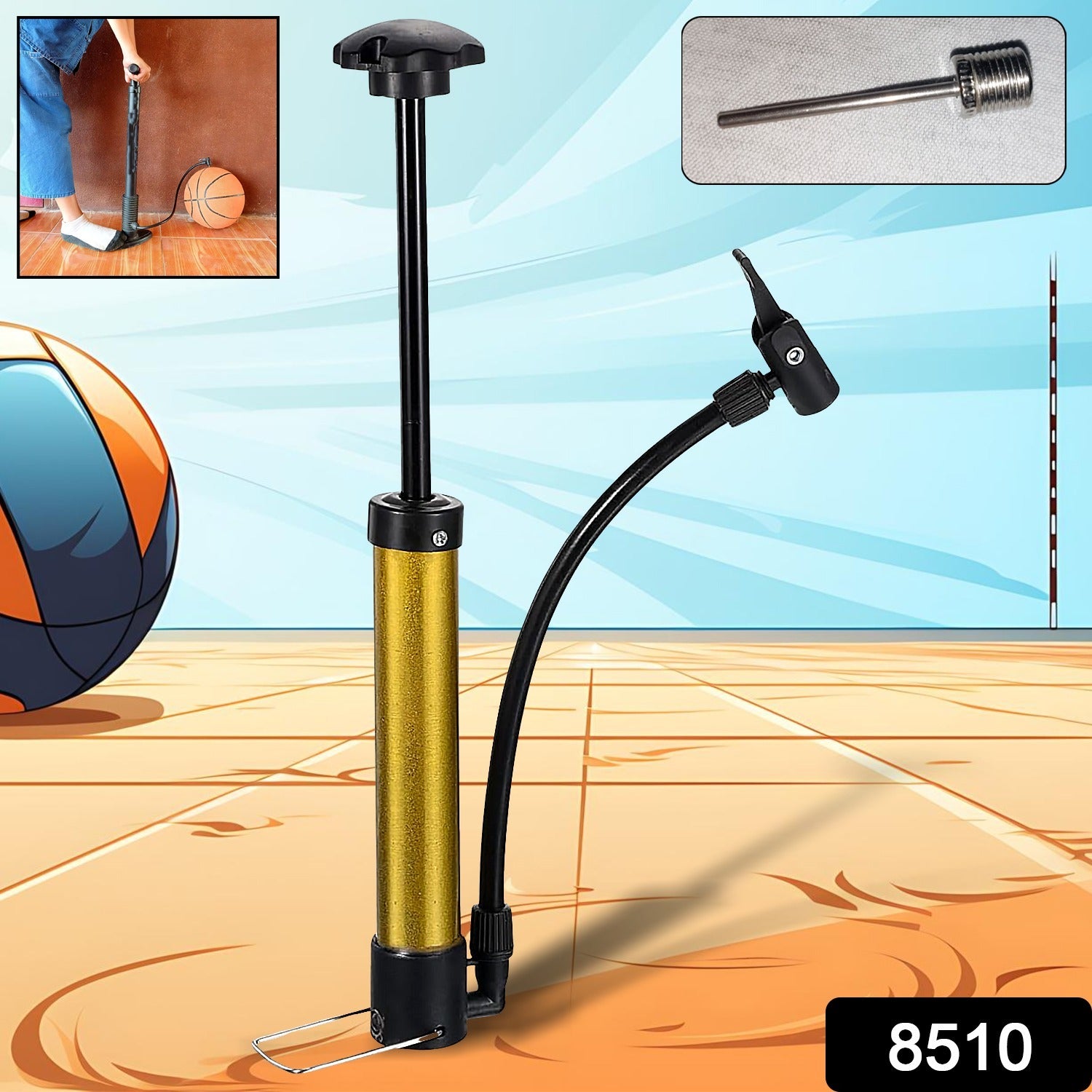 Wukusy 8510 Mini Hand Air Pump with pin, portable high-pressure inflator for basketball, soccer, volleyball, and other sports balls.