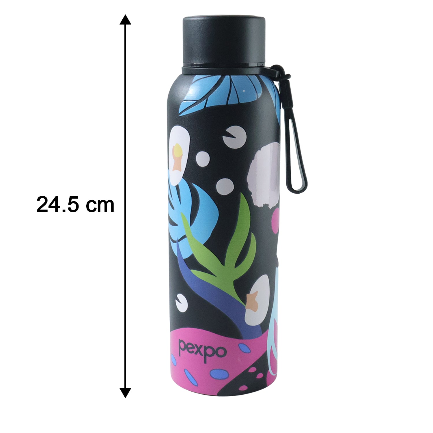 Wukusy Pexpo stainless steel printed water bottle, 800ml capacity, with colorful design, shown from side view.