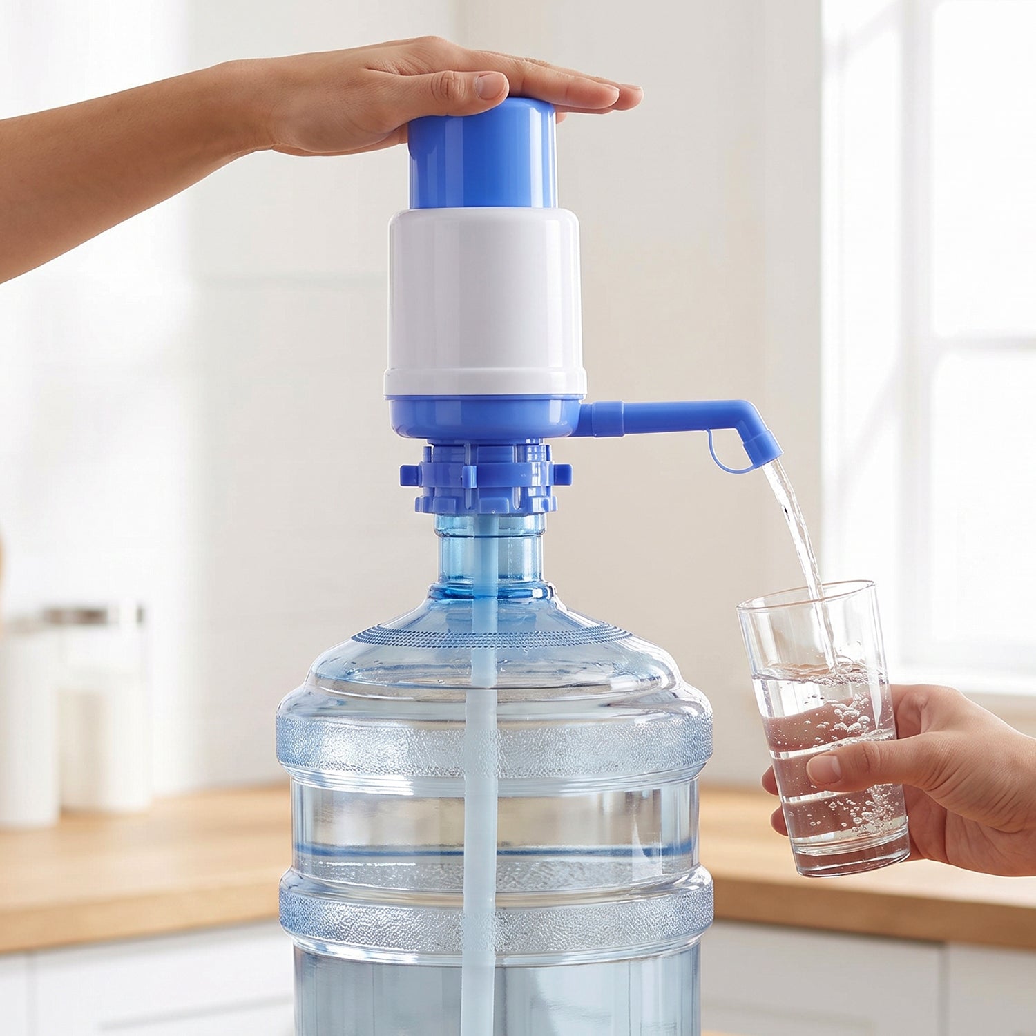 Wukusy manual hand press water dispenser pump attached to a 20-liter water can for easy water dispensing.