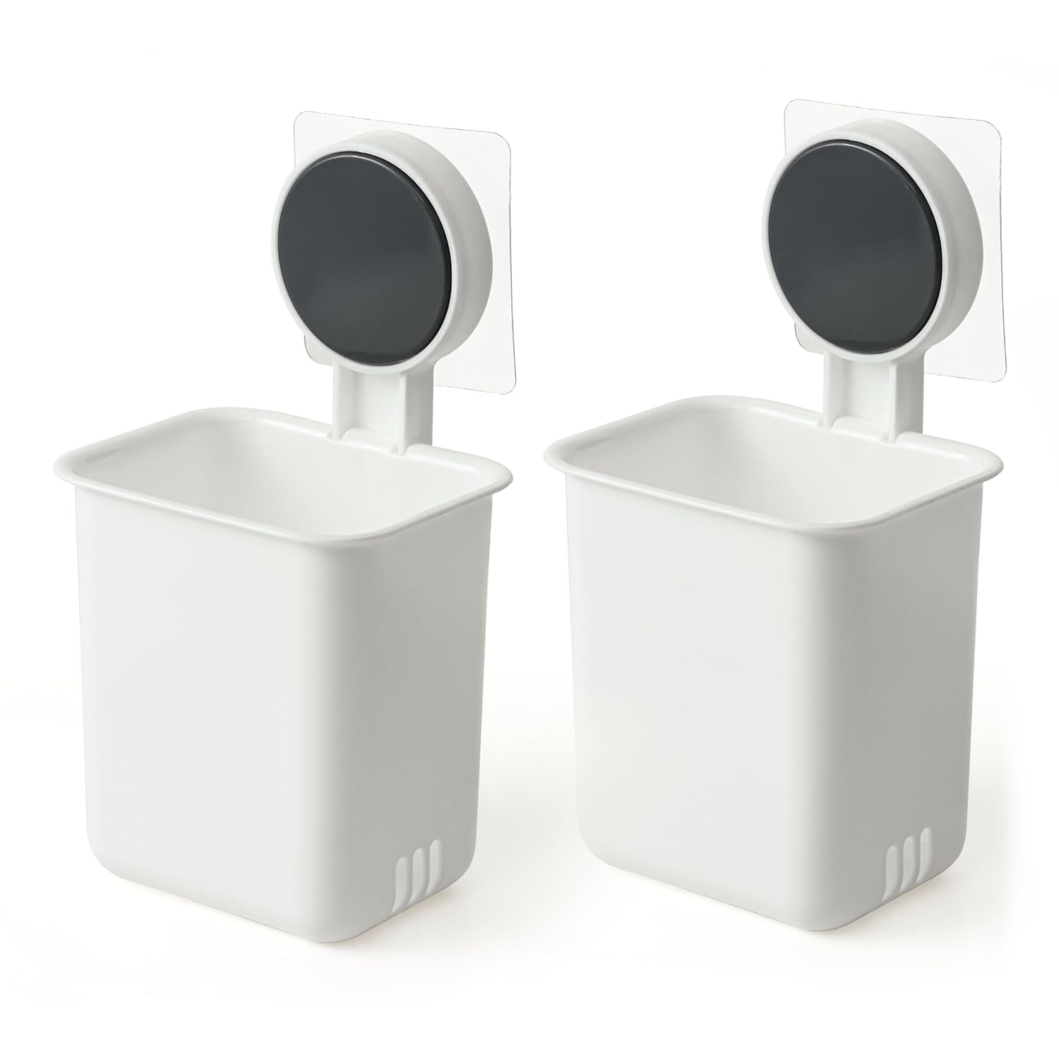 Wall mounted bathroom storage organizer cup set by Wukusy, featuring two sleek, durable plastic cups for bathroom organization.