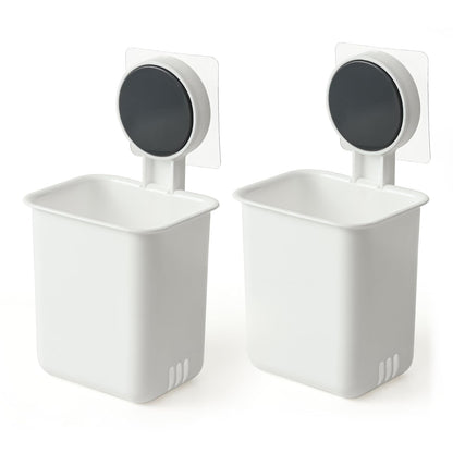 Wall mounted bathroom storage organizer cup set by Wukusy, featuring two sleek, durable plastic cups for bathroom organization.