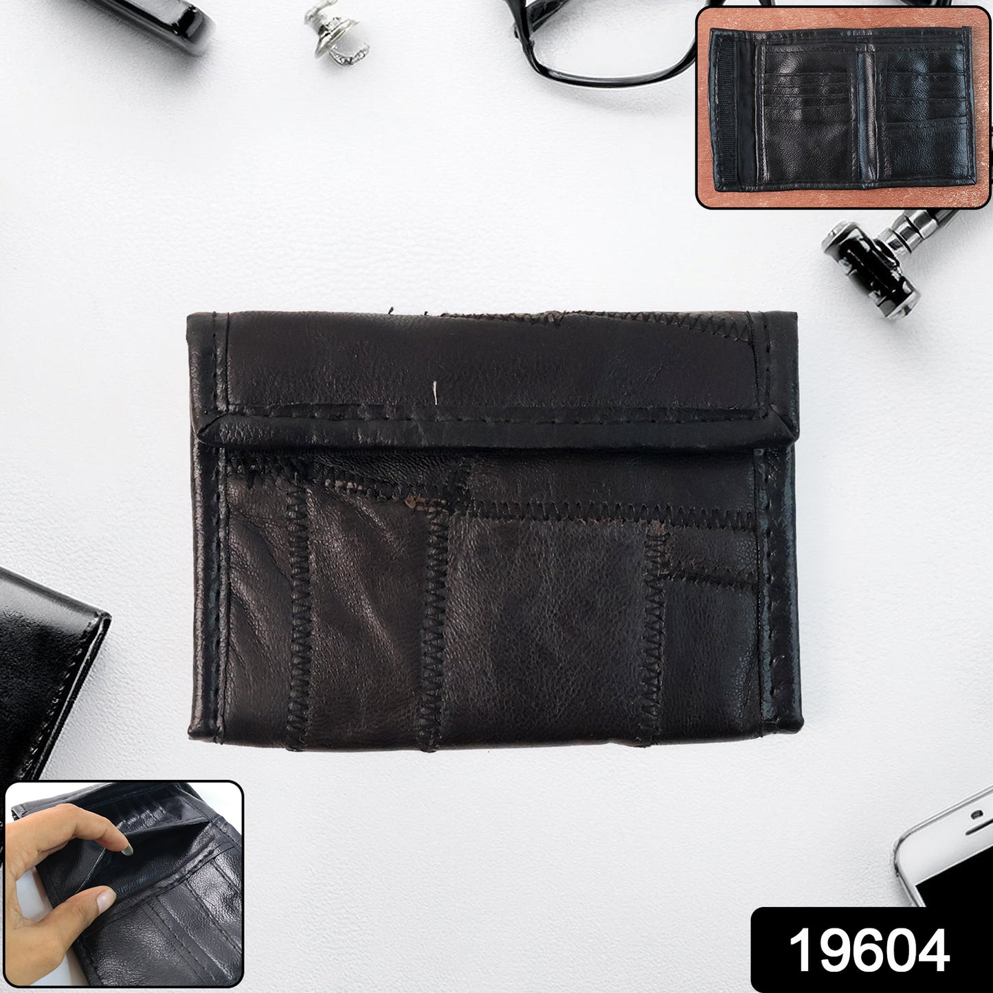 Wukusy premium genuine leather bi-fold travel wallet with multiple card slots and cash compartments, black color.