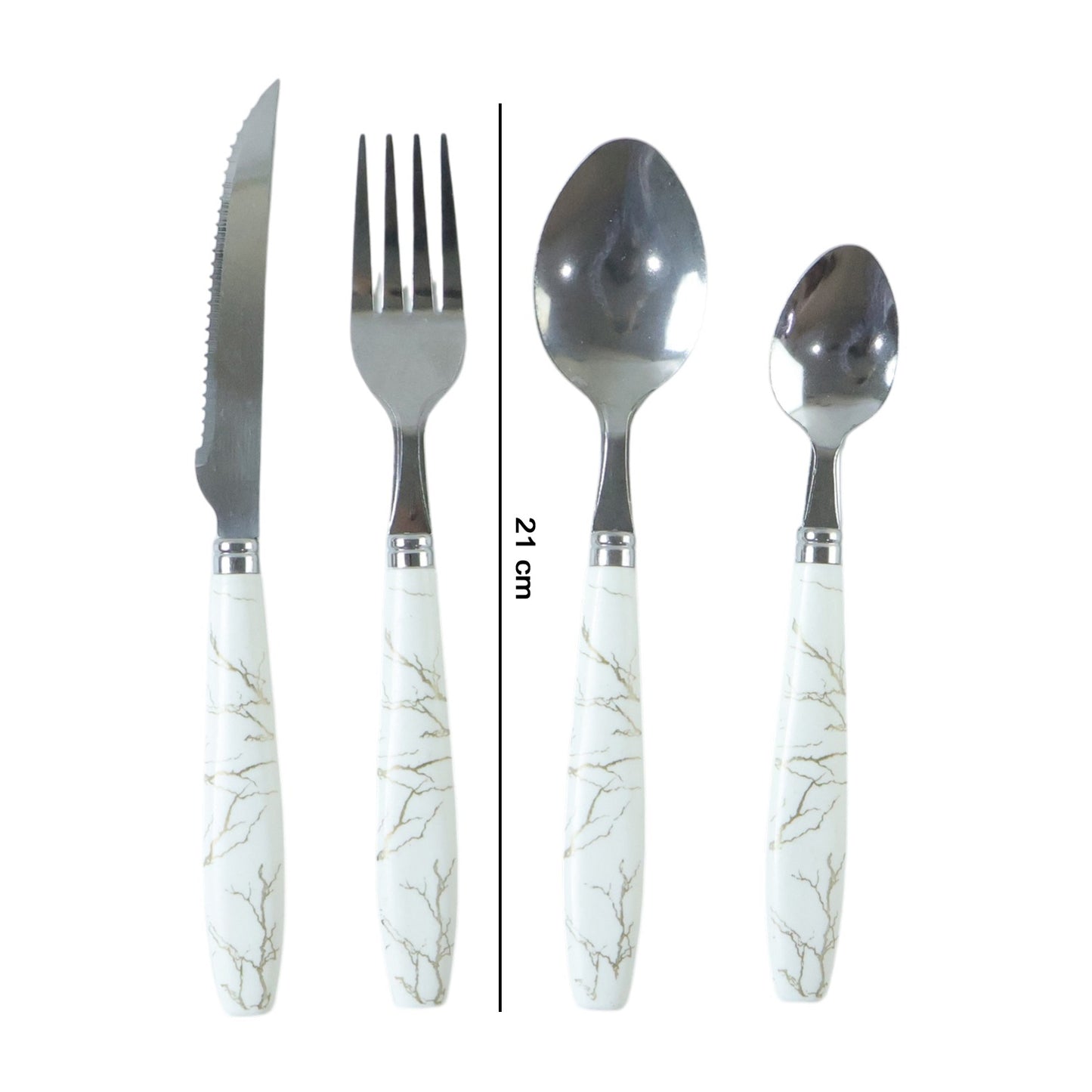Wukusy stainless steel cutlery set with four pieces featuring elegant marble design handles on forks, spoons, and knives.