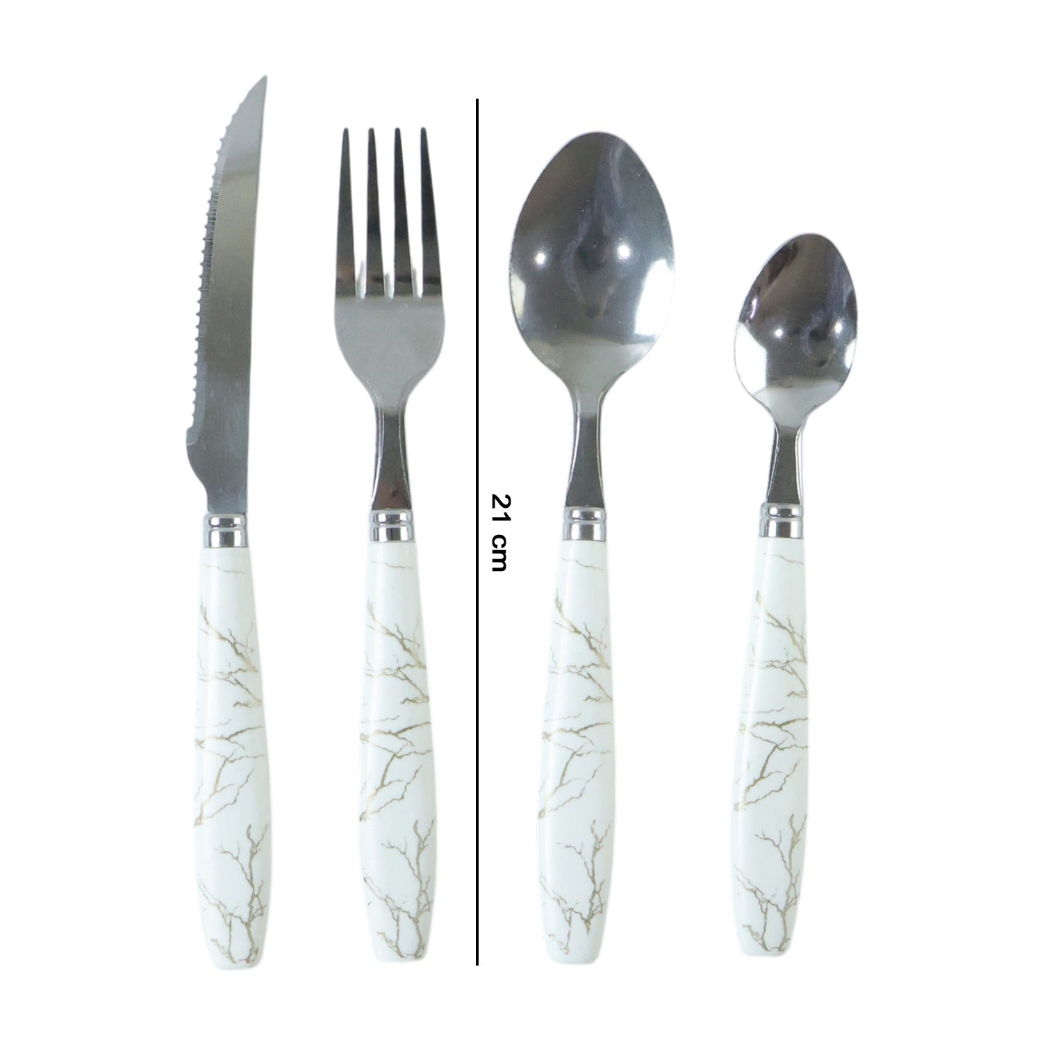Wukusy stainless steel cutlery set with four pieces featuring elegant marble design handles on forks, spoons, and knives.