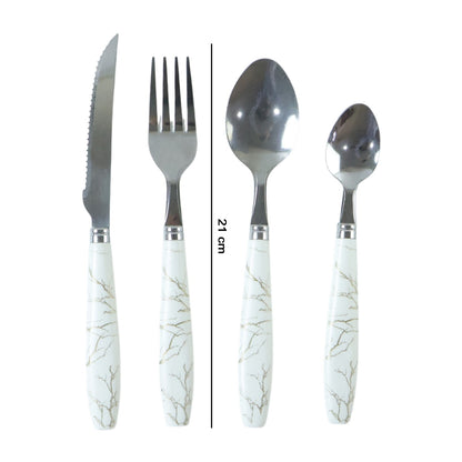 Wukusy stainless steel cutlery set with four pieces featuring elegant marble design handles on forks, spoons, and knives.
