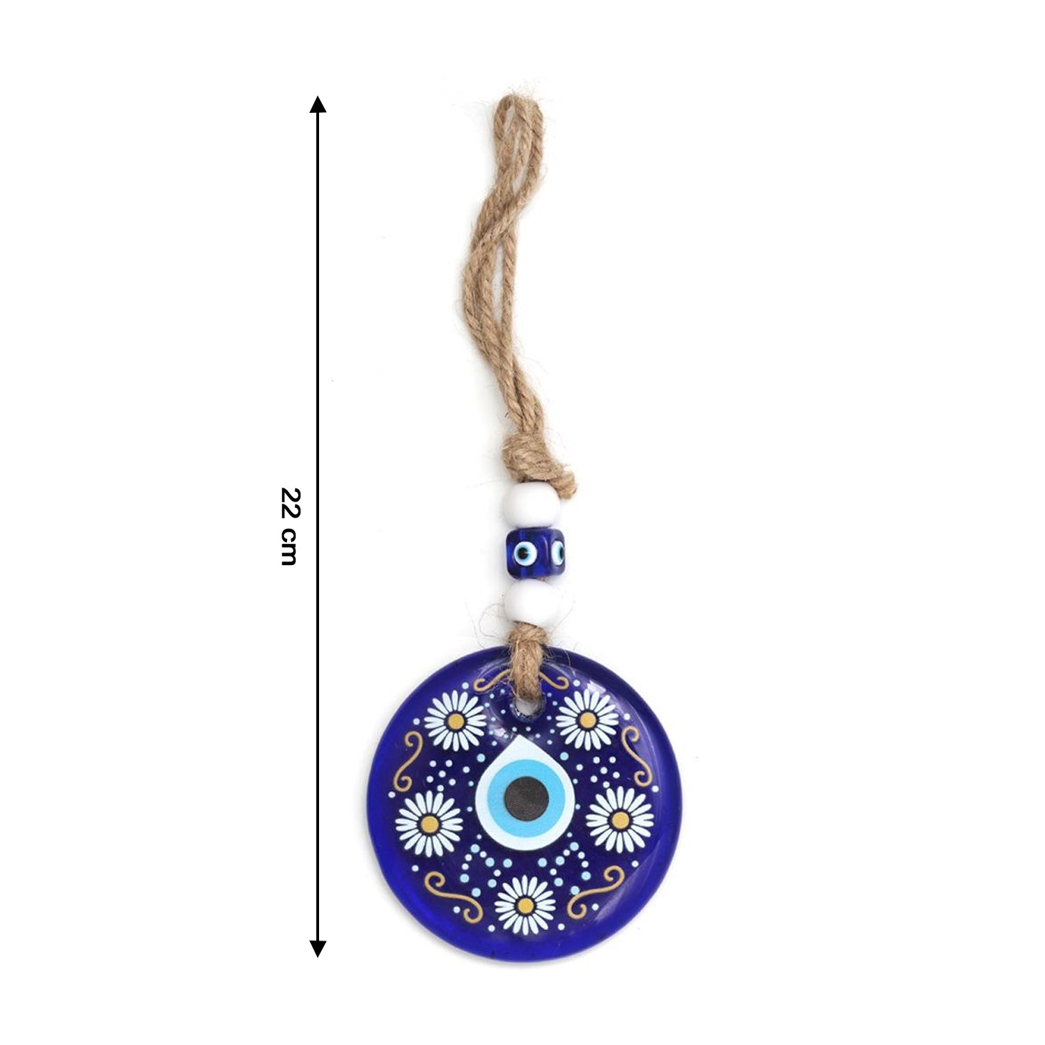 Decorative evil eye wall hanging Nazar protector charm with beads and wind chime, designed for warding off negative energy.
