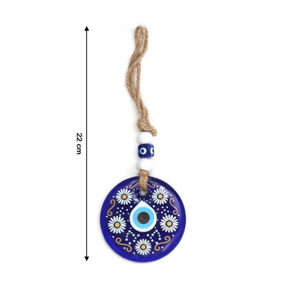 Decorative evil eye wall hanging Nazar protector charm with beads and wind chime, designed for warding off negative energy.