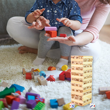 Wooden Tumbling Tower game set by Wukusy featuring stacked wooden blocks for stacking and balancing fun.