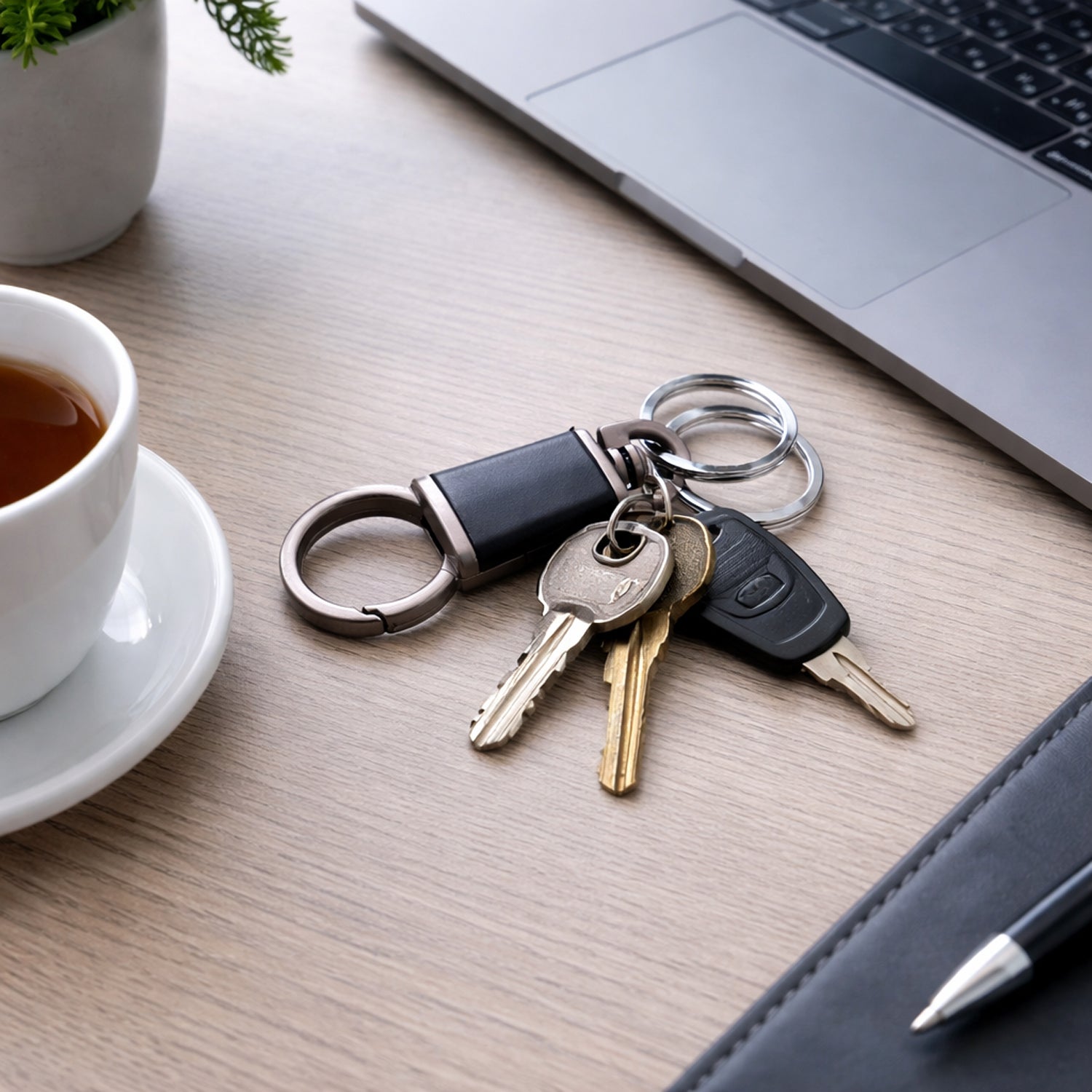 Wukusy premium dual ring metal key holder with rotating swivel and sleek design, holding keys securely.